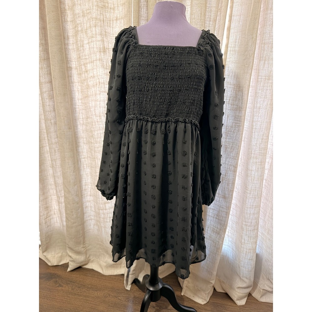 Mikarose Black Swiss Dot Smocked Square Neck Balloon Sleeve Mini Dress XL NEW